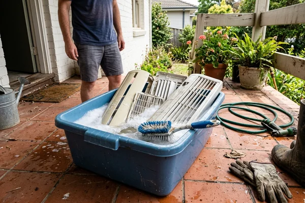 Aircon covers soaking in a tub during an overhaul