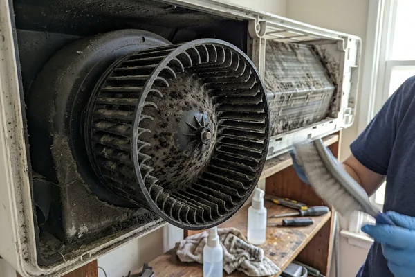Blower wheel covered in black mould before a chemical wash
