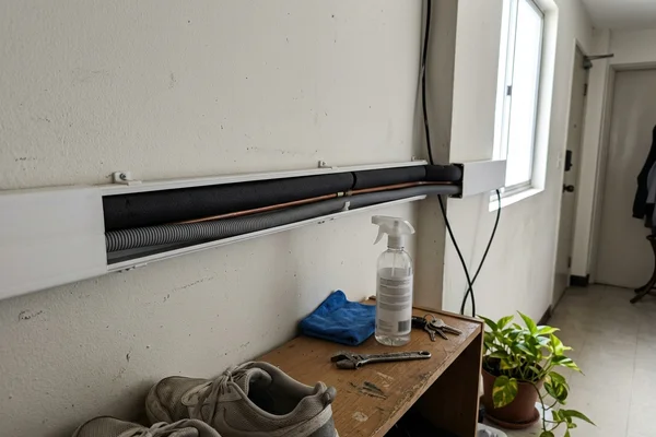 Insulated copper piping and drain hose running through trunking