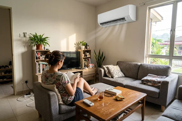 Newly installed wall aircon running in a living room
