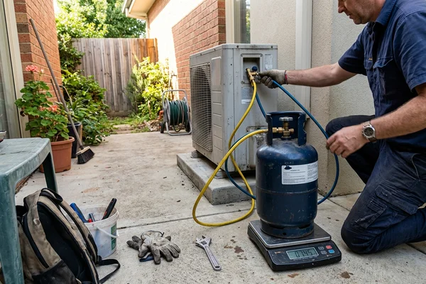 Refrigerant cylinder on a scale during charging