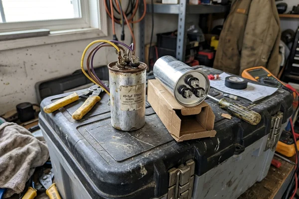 Swollen run capacitor next to its replacement