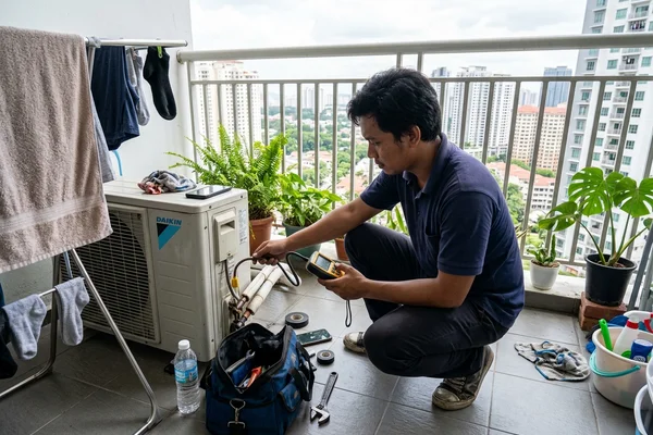Technician checking piping with an electronic leak detector