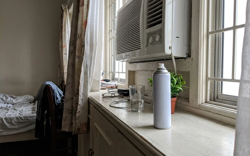 Air freshener on a windowsill below a wall aircon