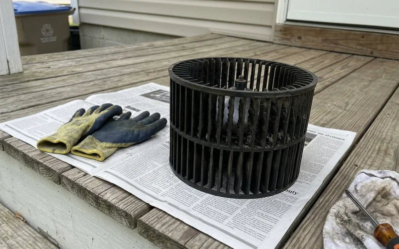 Removed blower wheel on newspaper with heavy black buildup