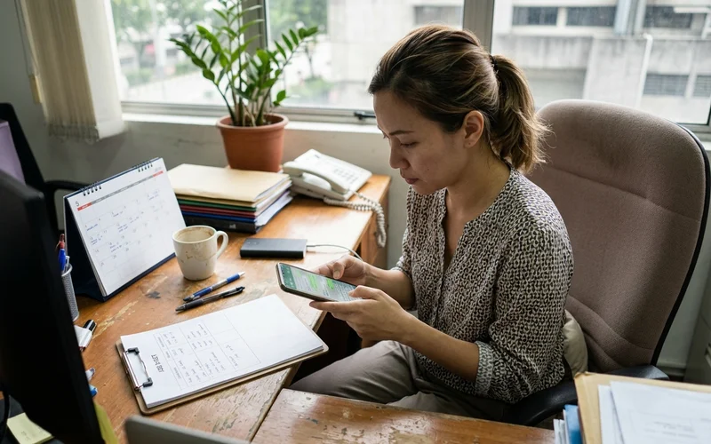 Aircon Expert team member handling WhatsApp bookings at the Kuala Lumpur office