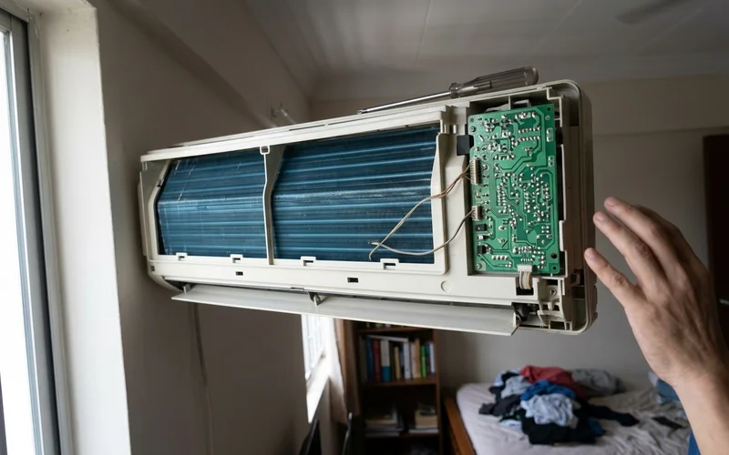 Indoor unit opened to show the control board and sensor wiring