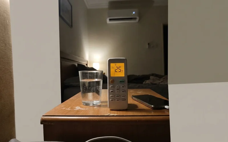 Aircon remote set to 25°C on a bedside table
