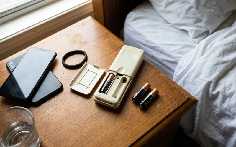 Aircon remote with fresh batteries on a bedside table