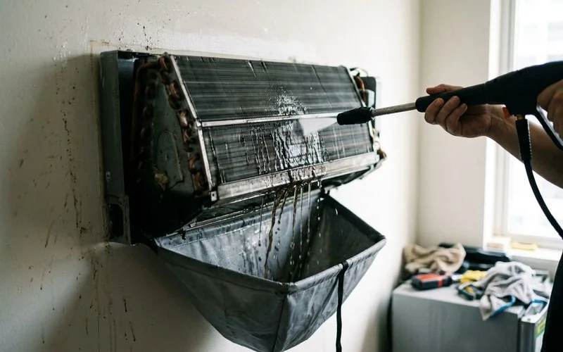 Bare evaporator coil being jet-washed after the parts are removed