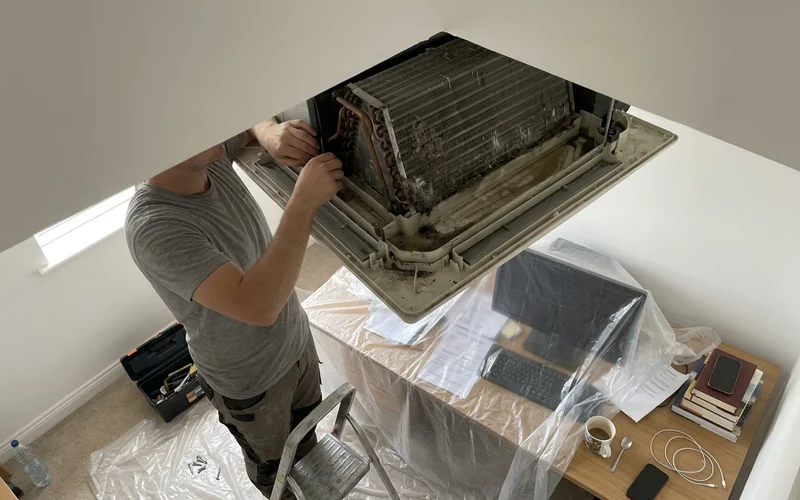 Opened ceiling cassette showing a dusty coil, with a drop cloth below
