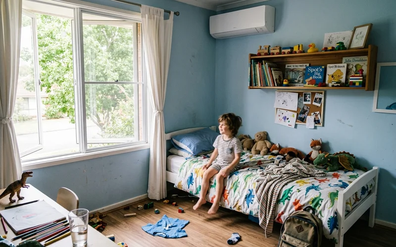 Child's bedroom with a freshly cleaned aircon and the window open