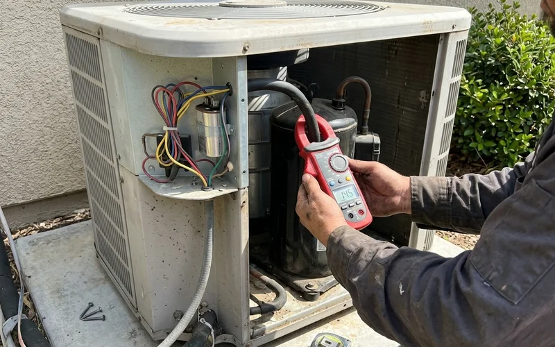 Clamp meter measuring compressor current inside the outdoor unit
