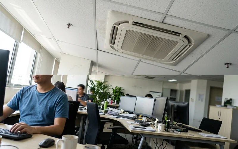 Clean ceiling cassette grille refitted in an office ceiling