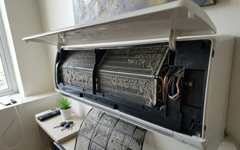 Evaporator coil fins clogged with dust inside an open indoor unit