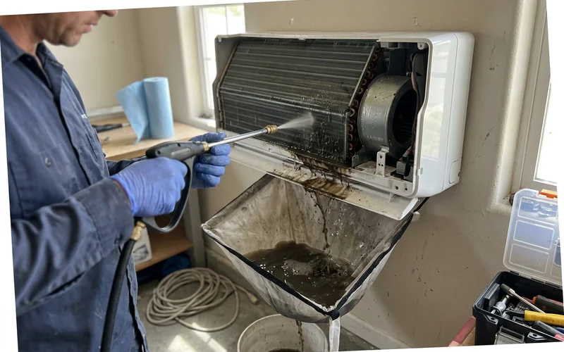 Evaporator coil and blower wheel being rinsed during a chemical wash, dark runoff draining into the wash bag
