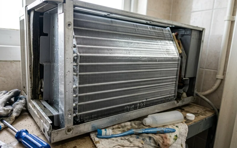 Clean, undamaged evaporator coil fins after rinsing
