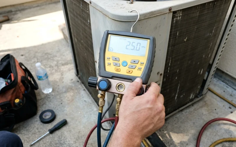 Manifold gauge showing the suction pressure reading