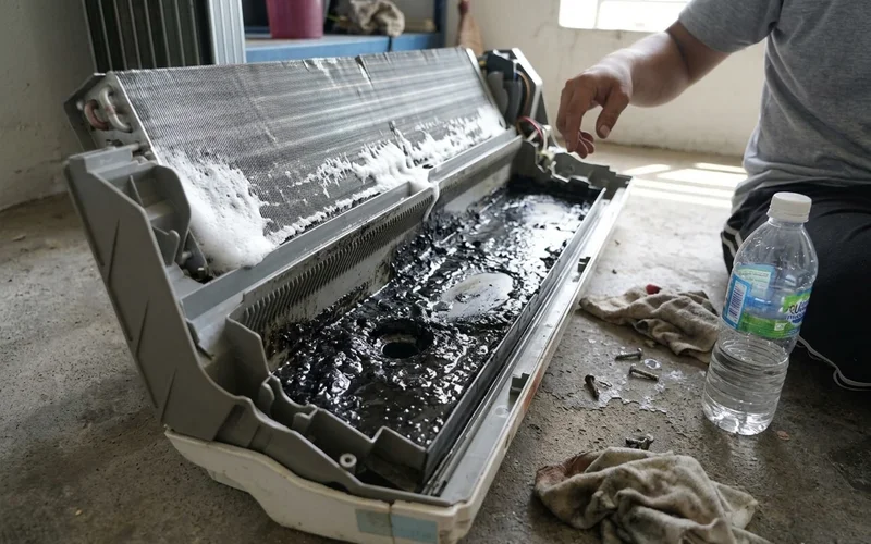 Slimy black buildup in an aircon drain pan