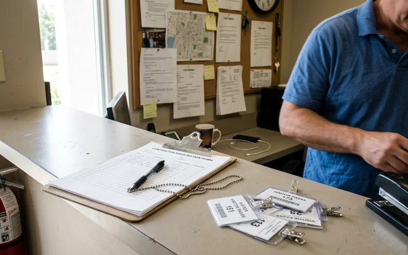 Condo management office counter with contractor registration forms
