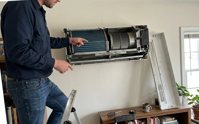 Open indoor unit showing the coil, blower wheel and drain pan