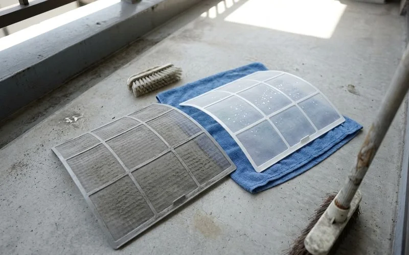 Dusty aircon filter beside a freshly washed one on a towel