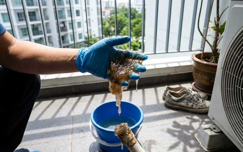 Aircon jelly slime pulled from a drain hose in a gloved hand