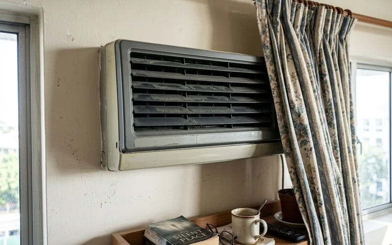 Dust-coated aircon louvres up close