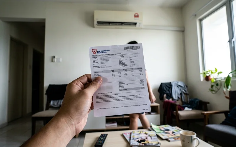 Homeowner checking a TNB electricity bill with the aircon running