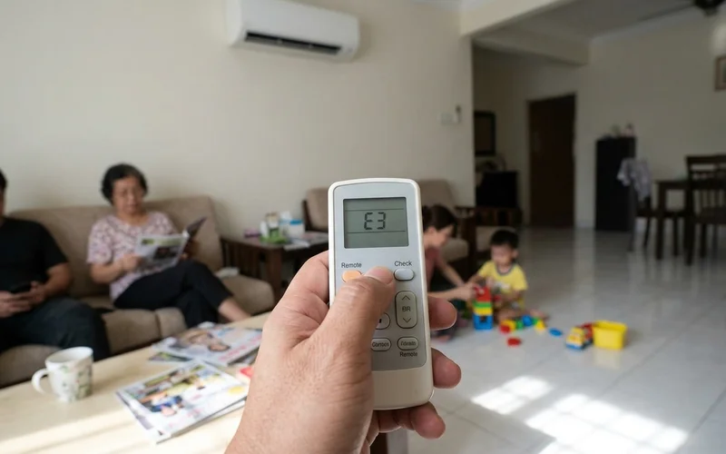 Hand pressing the check button on an aircon remote showing an error code