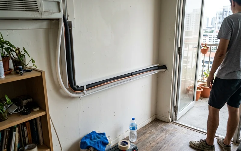 Insulated piping and drain hose running through trunking along a condo wall