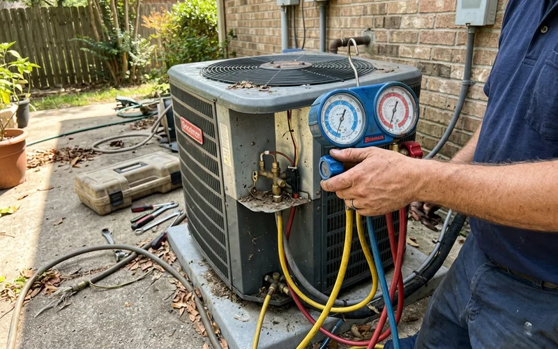 Manifold gauge showing refrigerant pressure, with a technician's hand on the valve