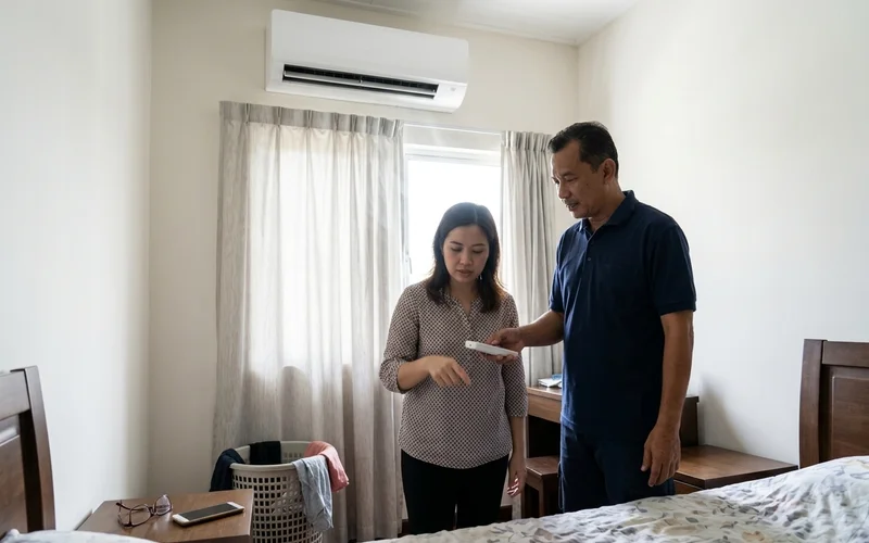 Technician showing the homeowner the remote settings on a new aircon