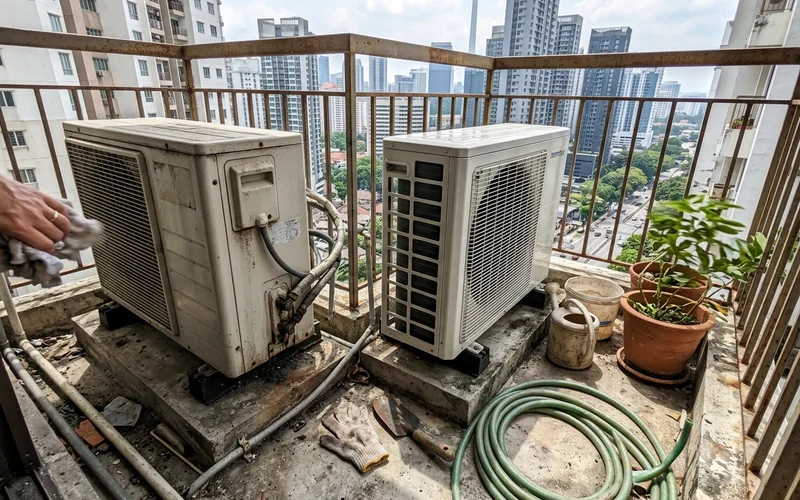 An older R22 outdoor unit beside a newer R32 unit