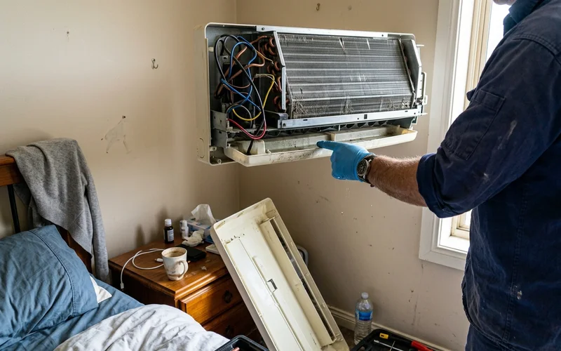 Open indoor unit with exposed wiring and coil, technician pointing at the drain pan