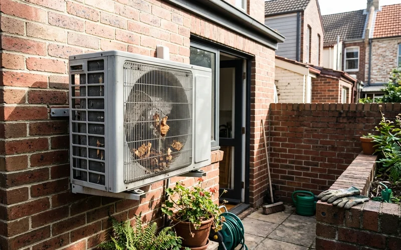 Outdoor unit with a stopped fan and dusty condenser fins
