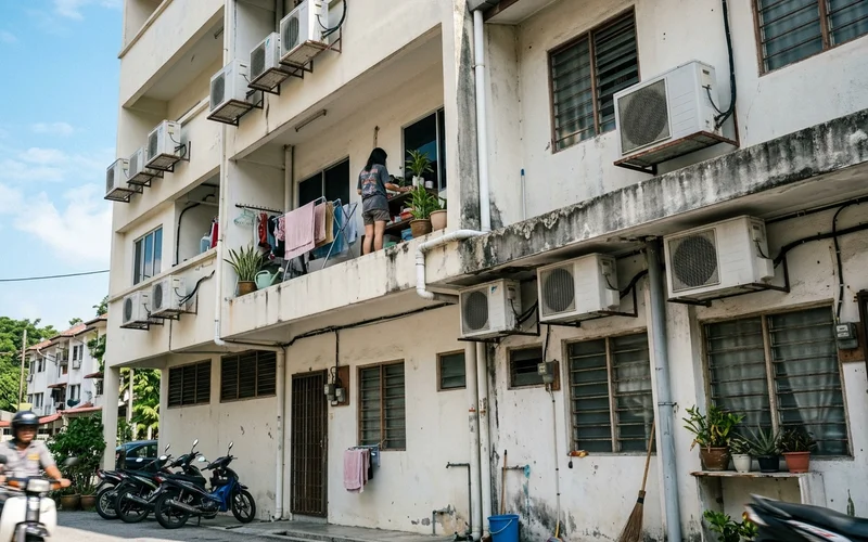 Outdoor aircon units on condo ledges and terrace house walls