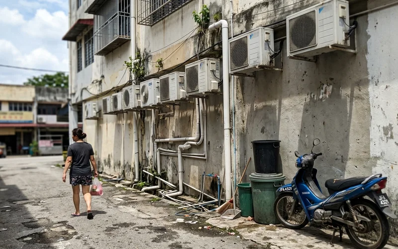 Row of outdoor aircon units on a shoplot back-lane wall