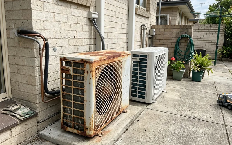 A rusted old outdoor unit beside a new inverter outdoor unit