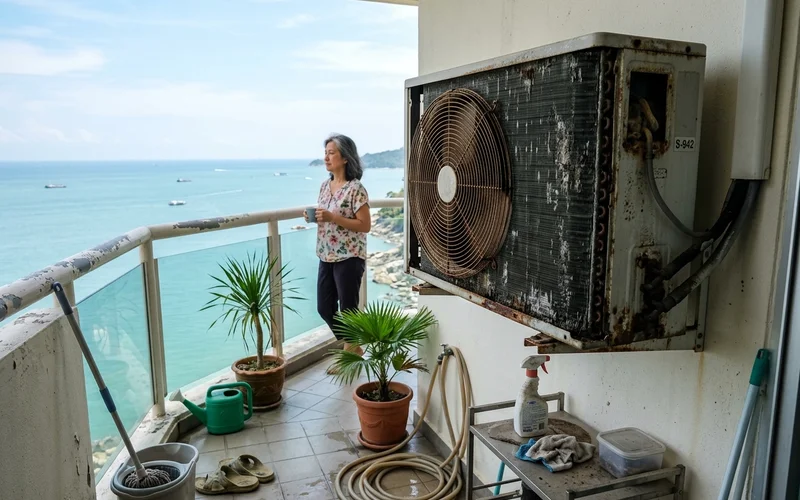 Corroded outdoor unit fins on a seafront balcony