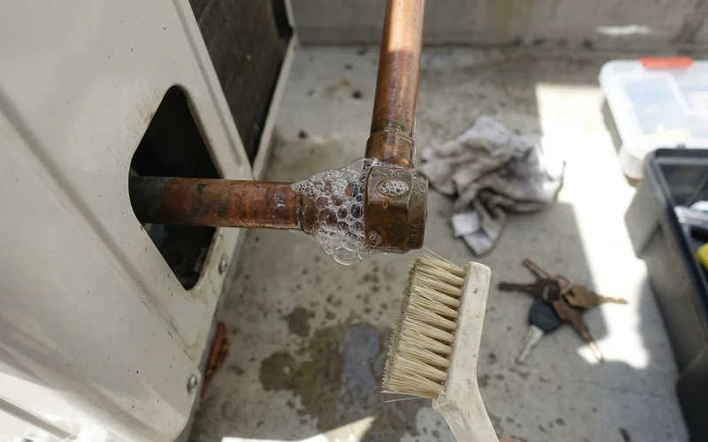 Soapy water bubbling at a flare joint during a leak test