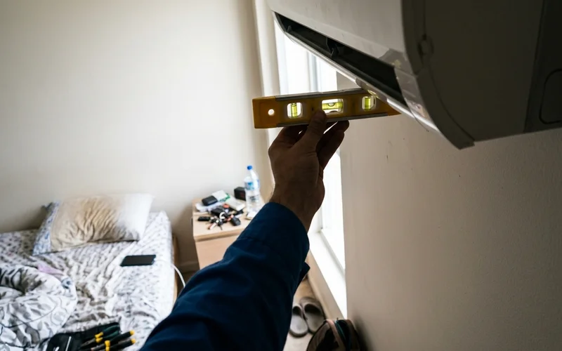 Spirit level held against the indoor unit to check the tilt