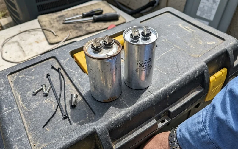 Swollen run capacitor next to a new one on a toolbox lid