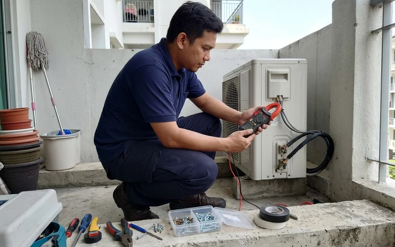 Technician checking the outdoor condenser with a clamp meter