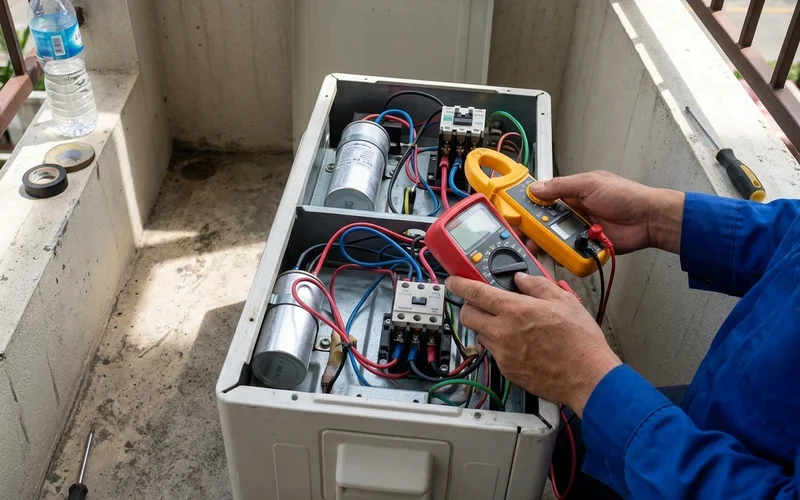 Technician testing outdoor unit wiring with a clamp meter and multimeter