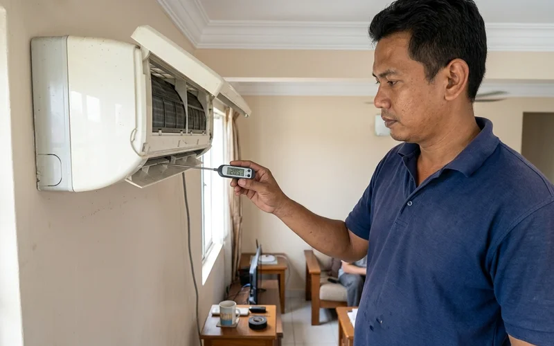 Technician measuring the air temperature during the test run