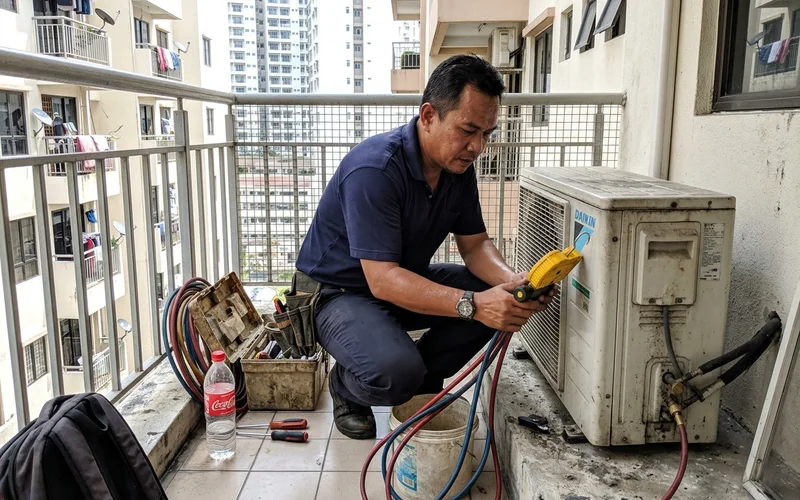 Technician reading a manifold gauge connected to the outdoor unit