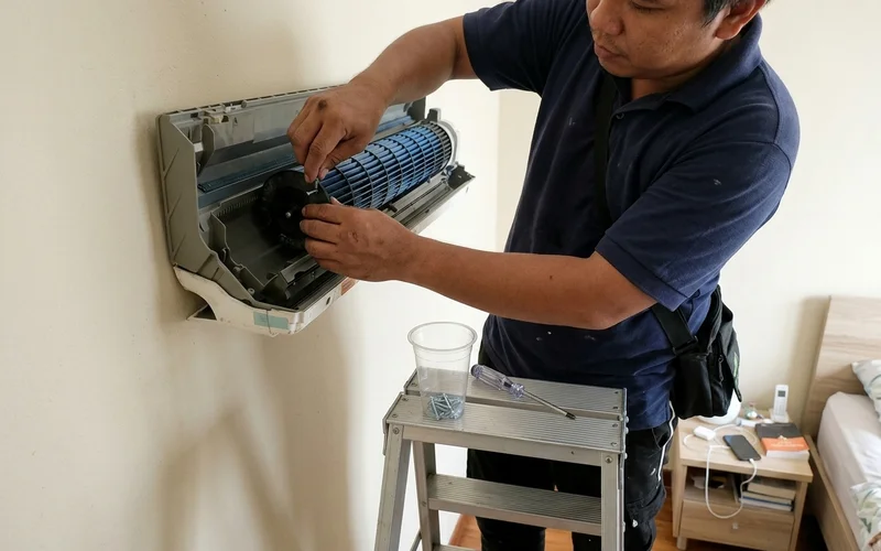 Technician reassembling the indoor unit with screws kept in a cup
