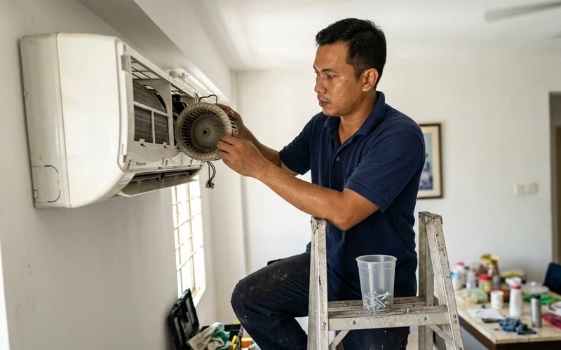 Technician removing the blower wheel during a full overhaul
