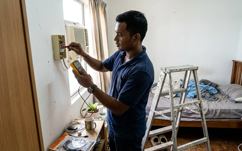 Technician testing the aircon isolator and wiring with a multimeter